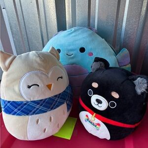 Squishmallows Plush Set - Cream Owl, Blue Fish, Black Bear
